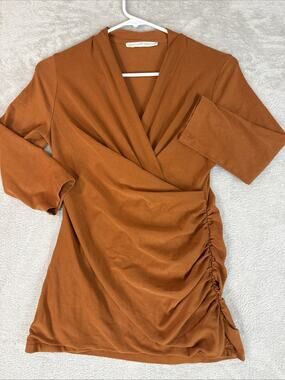 Peruvian Connection Top Womens Small Rust Wrap V Neck Ruched Shirt Stretch